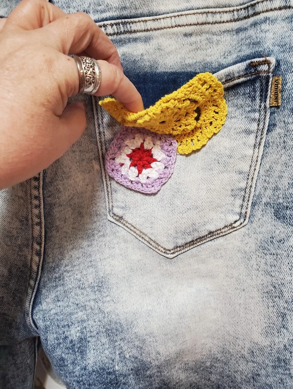 Vibrant Upcycled Kantha Hem Jean Shorts Size 15 Stretch Denim